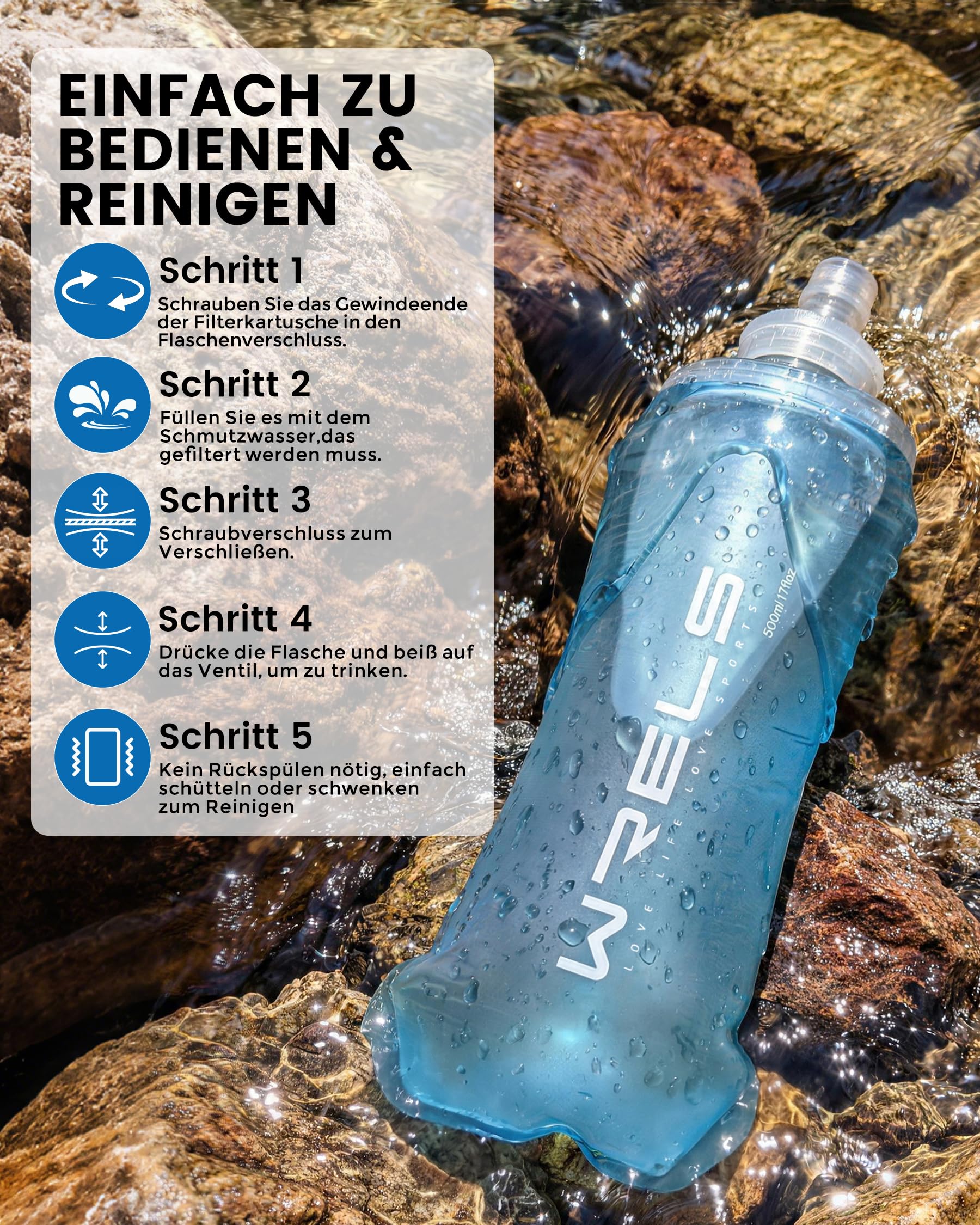 WRELS Faltbare Wasserfilterflasche – 500 ml Ultraleichte Soft Flask mit Filter,Wasserfilter Outdoor für Camping, Wandern, Backpacking und Trailrunning