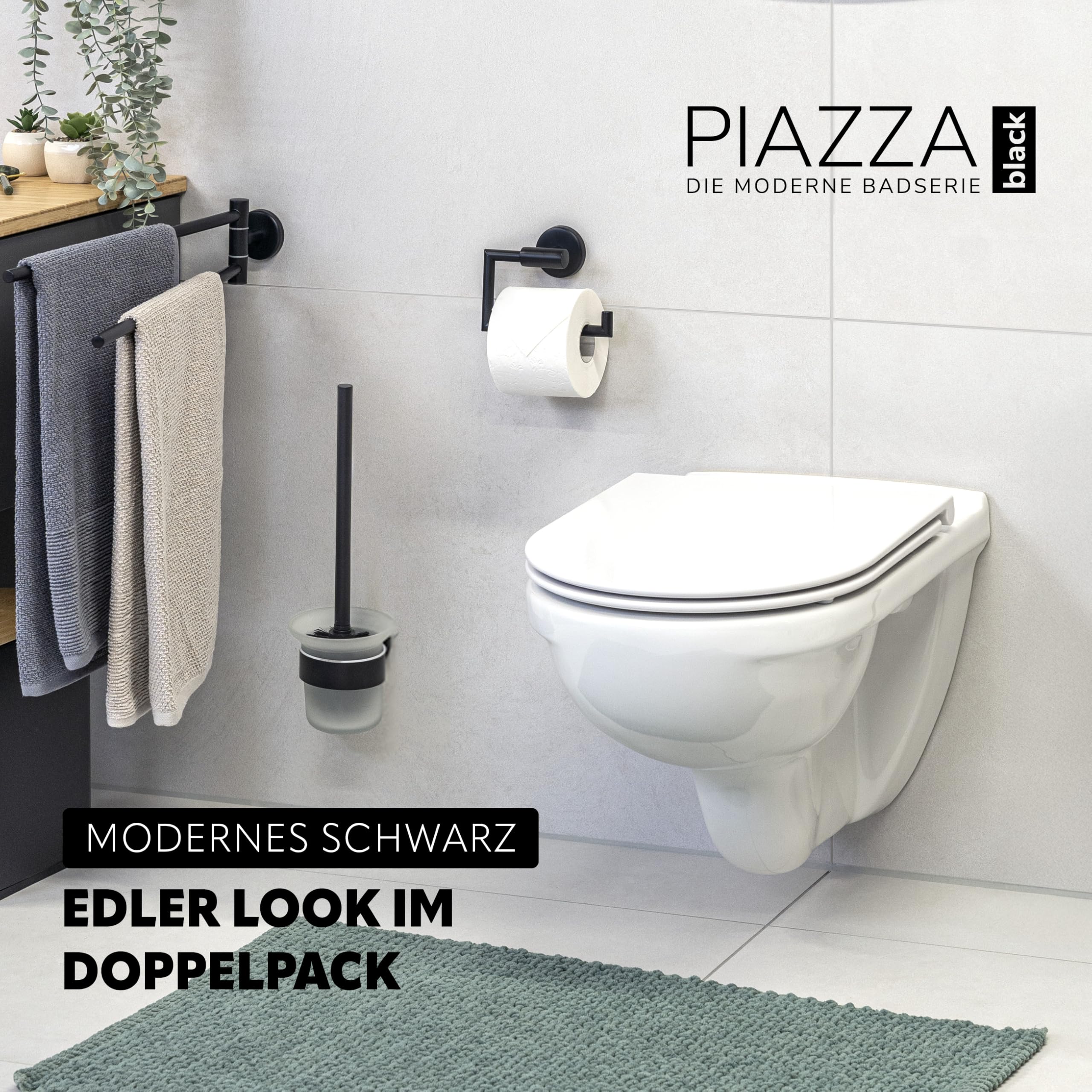 bremermann Bad-Serie Piazza Black - Badezimmer Zubehör-Set 2tlg. bestehend aus 1x Toilettenpapierhalter und 1x WC-Garnitur inkl. 1 Ersatzbürstenkopf, WC-Rollenhalter, aus Edelstahl schwarz