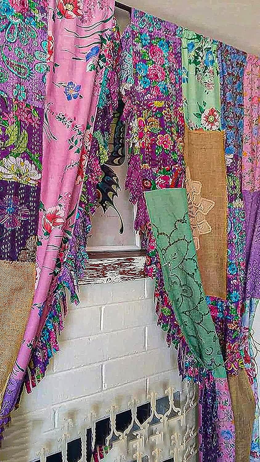 Tenda Porta Boho In Seta Patchwork - 120x220 Cm, Sari Indiano Riciclato, Stile Hippie - Foto 1