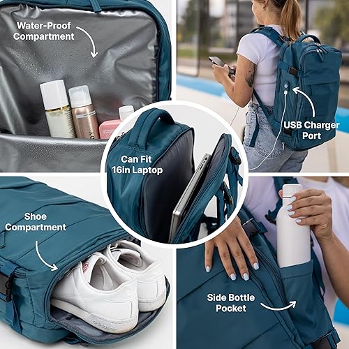 Miniatura 2 de Carrywell Mochila de viaje, mochila de mano con compartimento para zapatos, capacidad para laptop de 15.6 pulgadas, puerto de carga USB, Azul