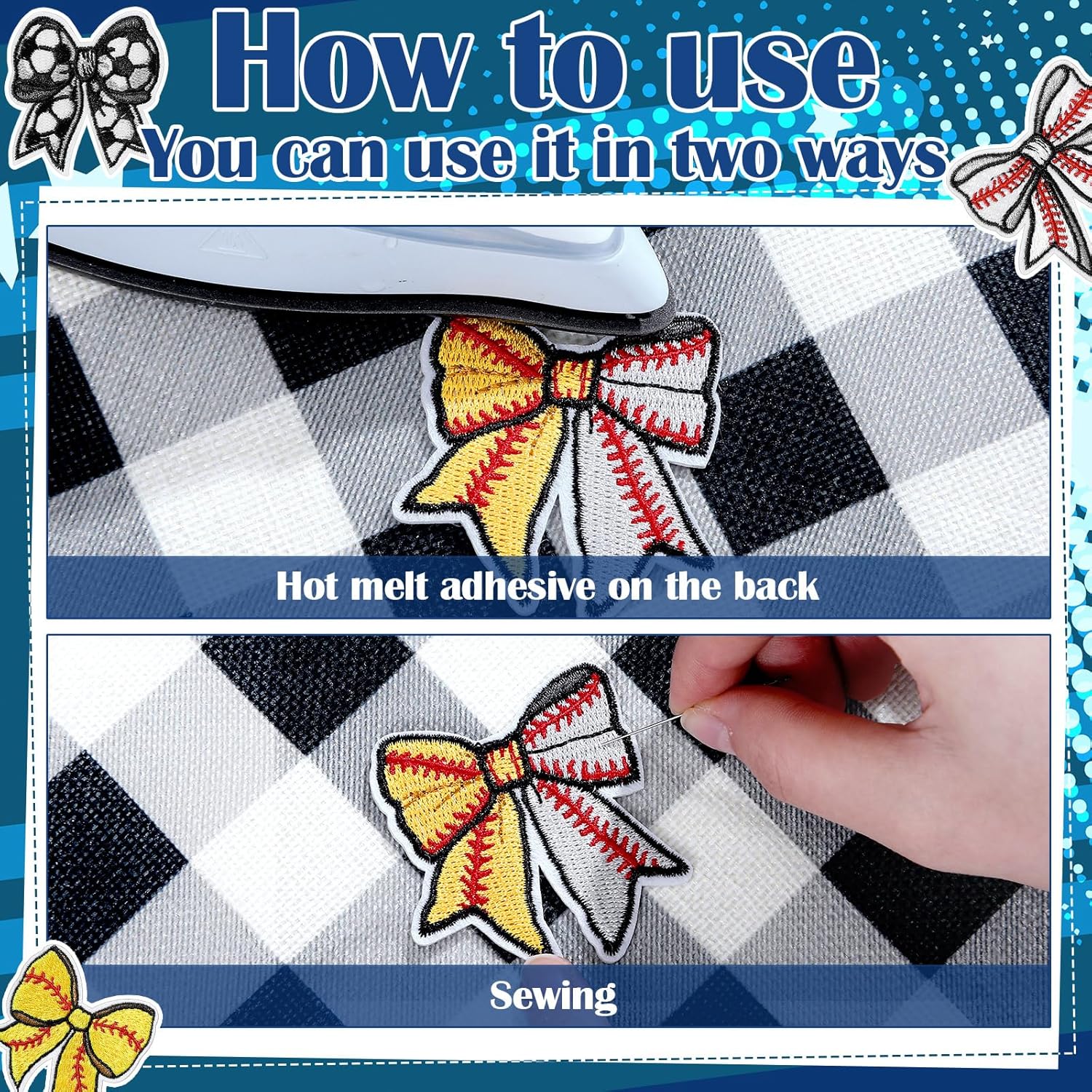 HunnmingRe 72 Pcs Sports Bow Iron on Patches Embroidered Football Baseball Soccer Basketball Iron on Hat Patches Sport Appliques Sew on for Hat Backpack Pants Jeans Clothes DIY Crafts