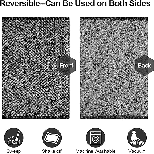 Miniatura 4 de LEEVAN Alfombra de pasillo lavable de 2 x 6 pies - Alfombra reversible negra para pasillo, alfombra reversible para entrada, alfombra boho de