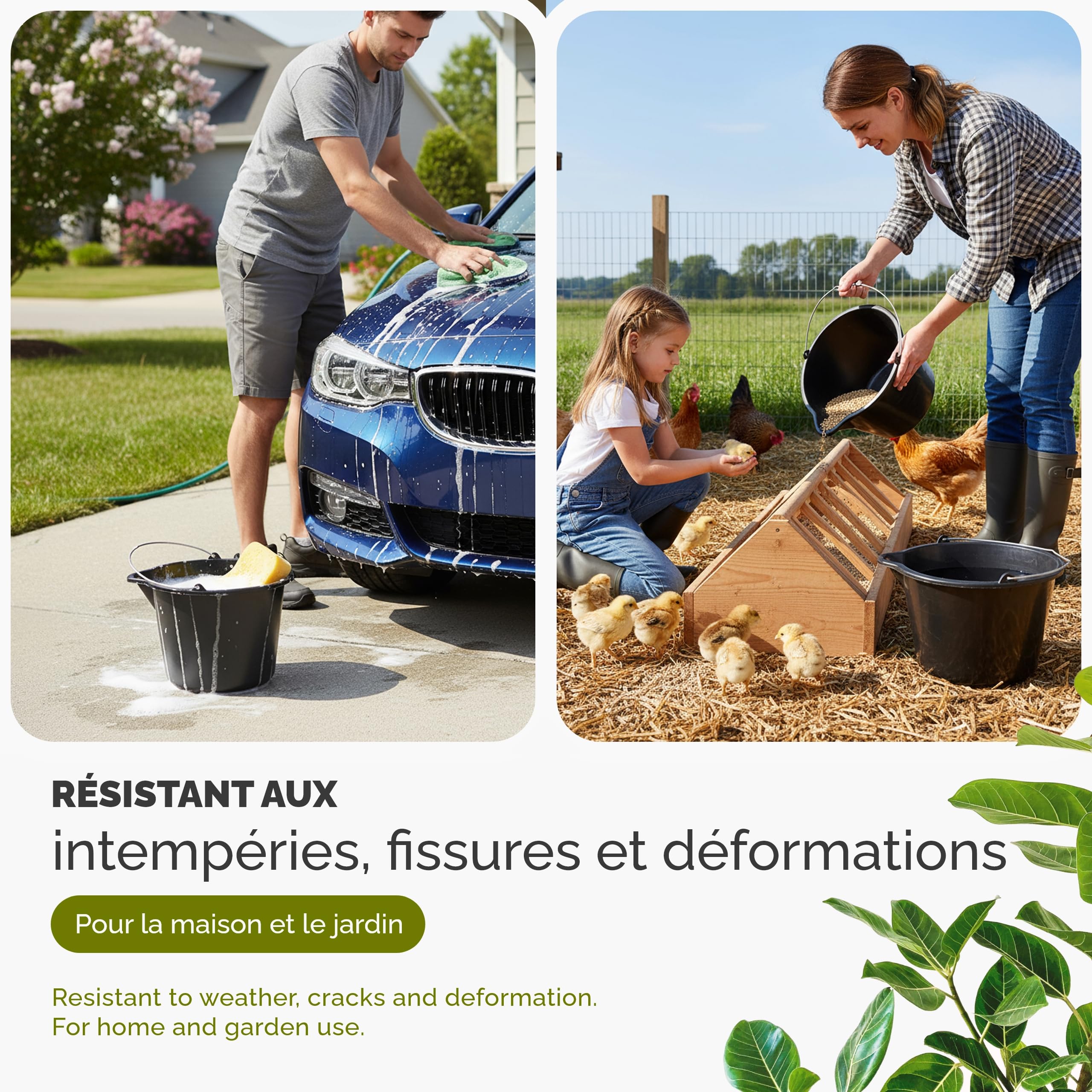 Garronda Seau verseur plastique recyclé Noir 15 L avec bec verseur Lot de 2 avec anse métallique rivetée, échelle graduée, bord renforcé, empilable, usage chantier jardin maison, seau GD-0168