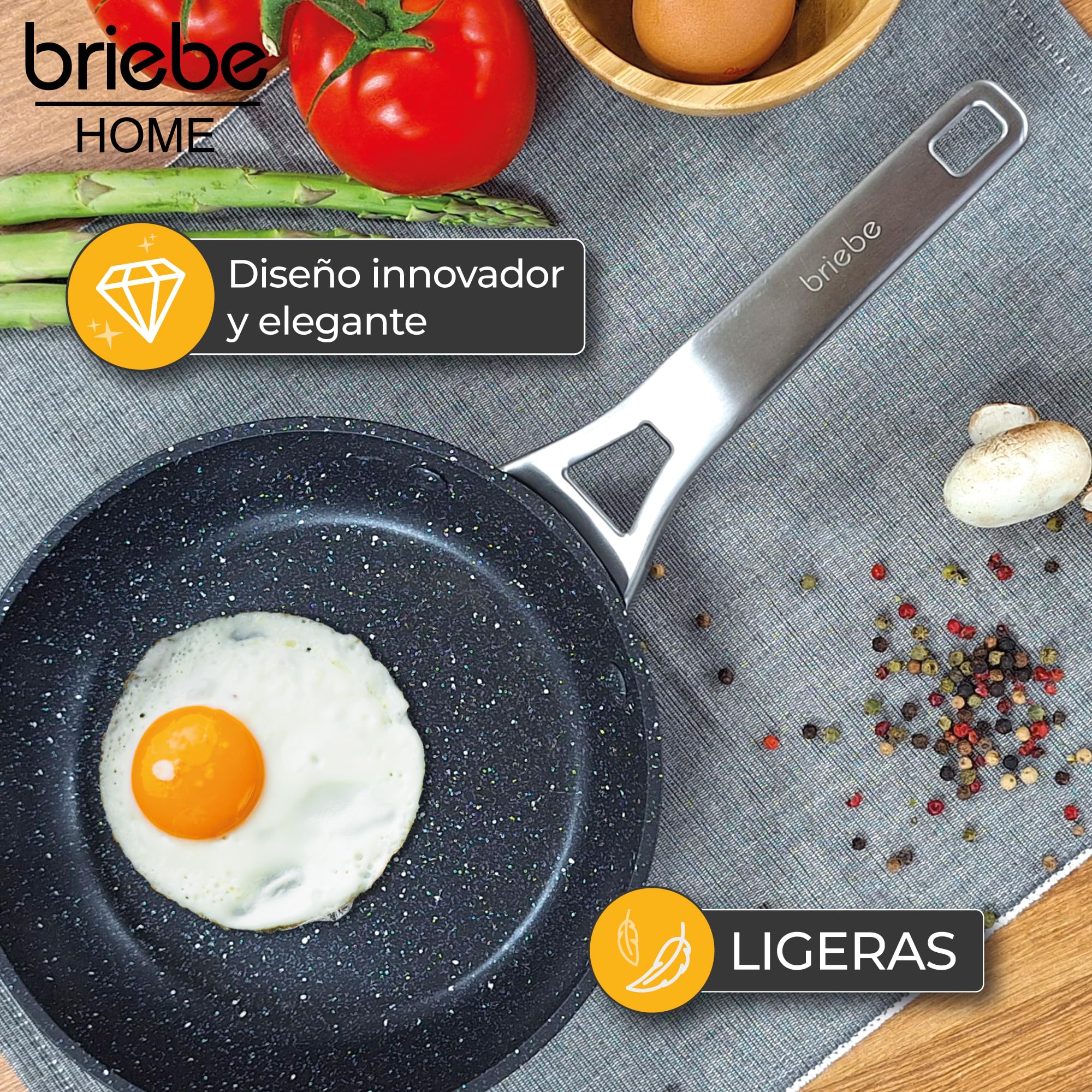 briebe Black Titanium Juego de 3 Sartenes Antiadherentes Inducción Titanio 20-24-28cm, Aluminio Forjado, Recubrimiento sin PFOA, Mango Profesional Acero Inox, Vitrocerámica, Gas, 3 Protectores