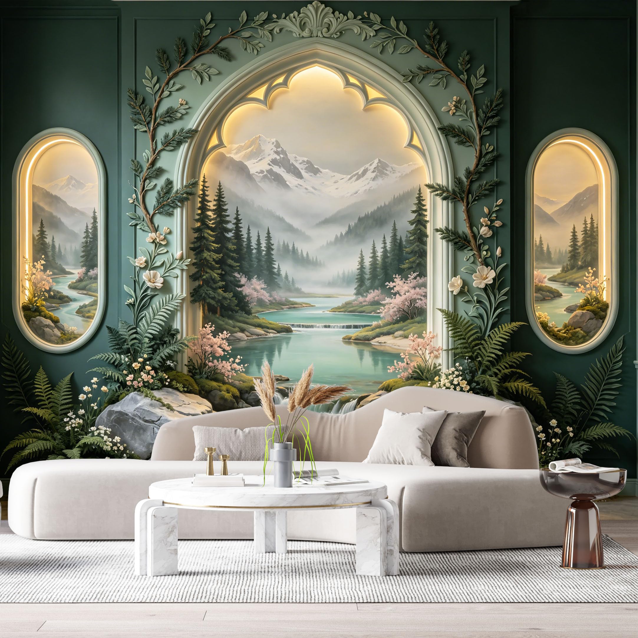 Custom Size Wall Murals Mountain Lake Forest Botanical 3D Trompe L'Oeil SelfAdhesiveWall Fabric Removable Wallpaper Wall Decor for Living Room Bedroom Bathroom