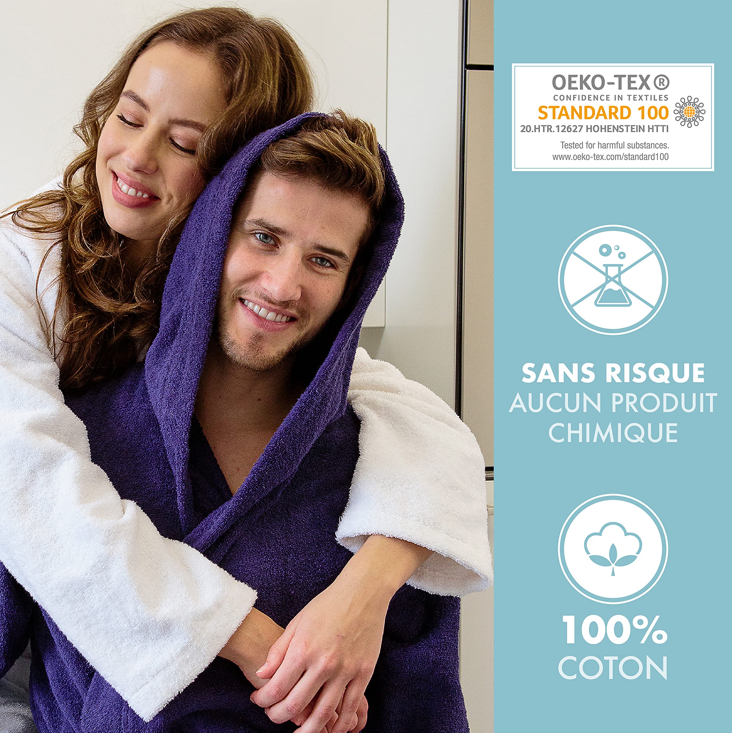 Twinzen Peignoir de Bain Femme - XS, S, M, L, XL - 100% Coton avec Capuche - Certifié OEKO-TEX® - Robe de Chambre Eponge 2 Poches, Ceinture - Doux, Absorbant et Confort