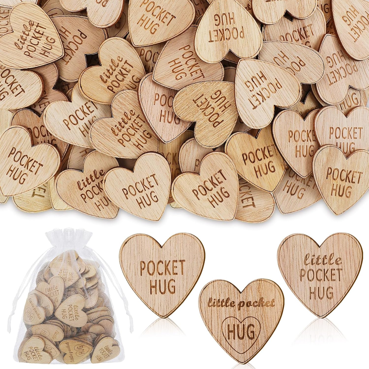 CroBlissful 150 Pcs Wooden Pocket Hug Token Bulk with 3 Pcs Organza Bags Remembrance Little Heart Star Round Pocket Hug Keepsake for Family Birthday Celebration of Life Funeral Love Gifts (Heart)