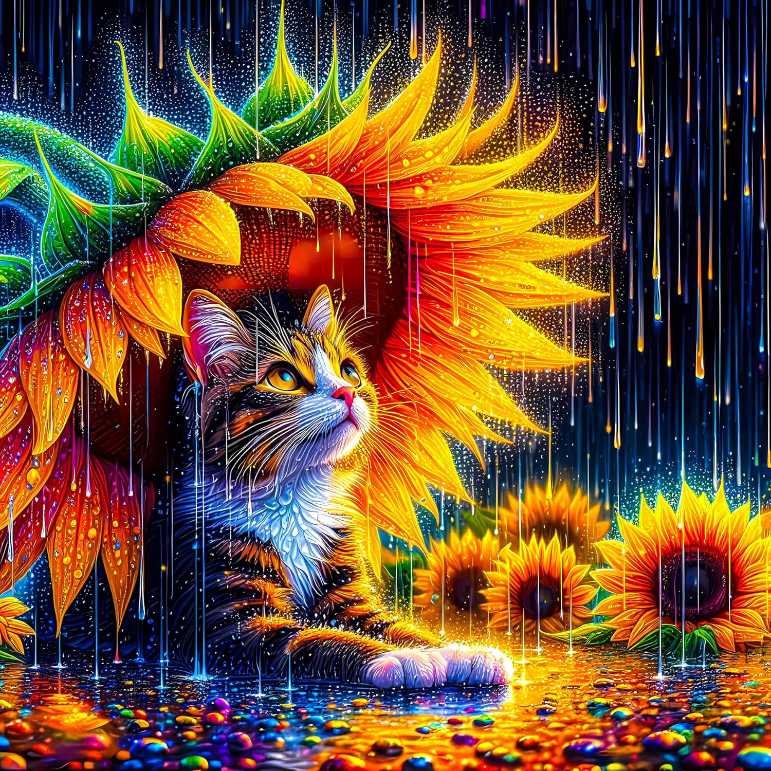 Kerayzygame Cat with Sunflower 1000 Pieces Jigsaw Puzzle for Adults,Animal Jigsaw Puzzles for Cat Lovers