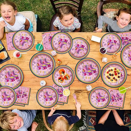 Miniatura 6 de Qyeahkj Juego de 100 platos y servilletas para fiesta de patinaje sobre ruedas, suministros para 25 invitados, color rosa, patinaje, fiesta de