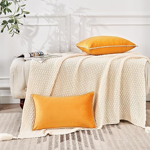 Miniatura 5 de Juego de 2 fundas de almohada cuadradas de terciopelo decorativas de 20 x 20 pulgadas con borde de felpilla, fundas de cojín suaves para casa rural,