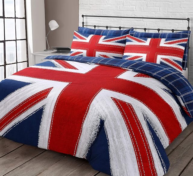 Union Jack Checkered Stripes Reversible Blue Red Bedding Set (Double Bed)