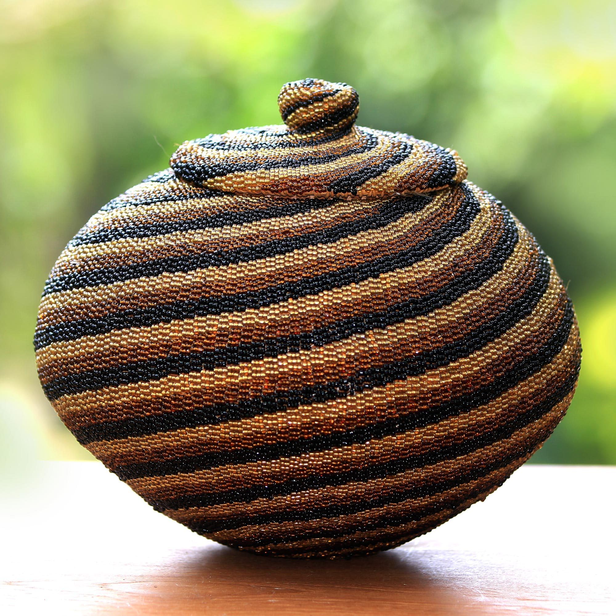 Novica Brown Artisan Handmade Beaded Rattan Basket With Lid Natural Fiber Indonesia Decor Accessories Striped Toasted Almond Iced Coffee Hazelnut Geometric 'Earth Currents'