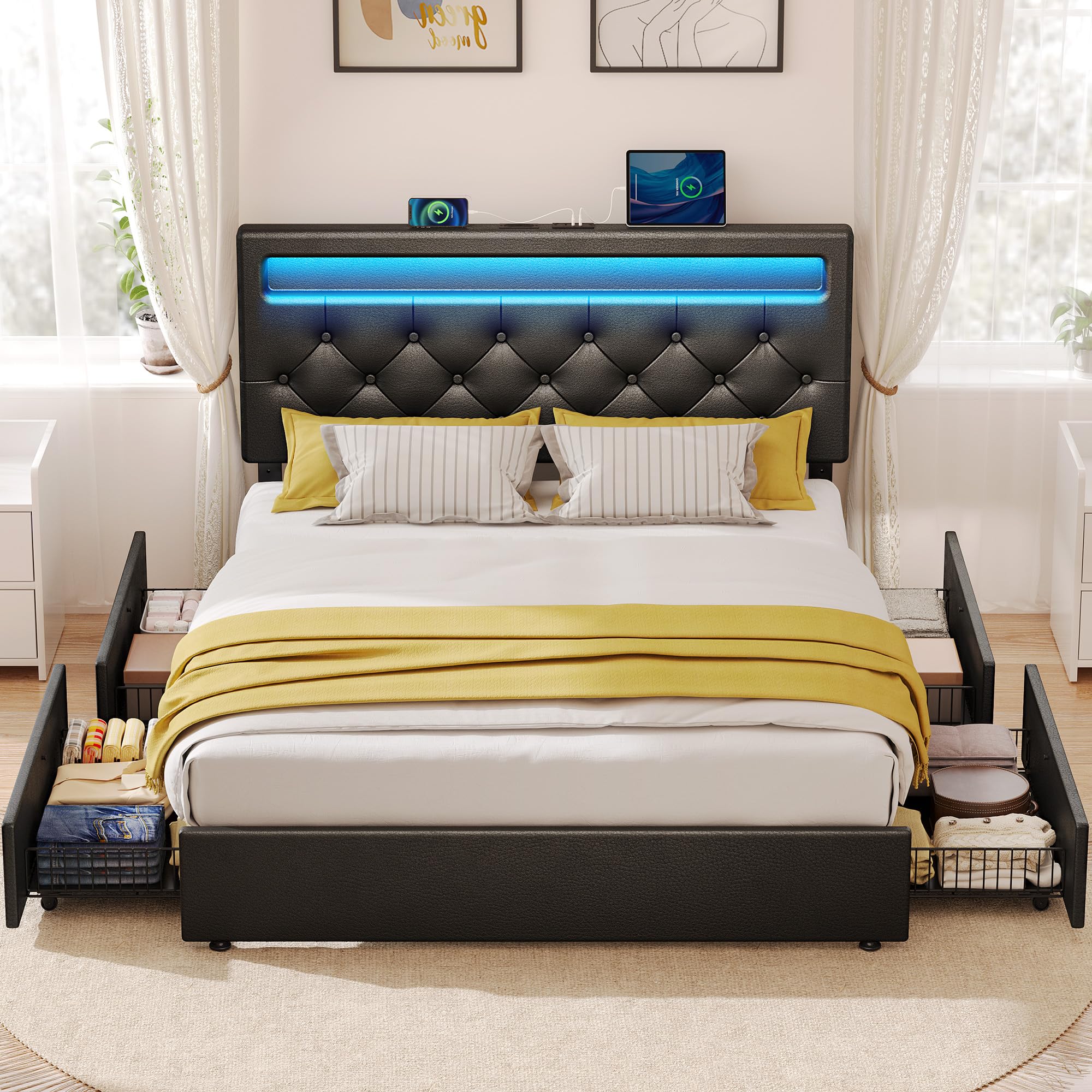 Rolanstar Queen Bed Frame with 4 Storage Drawers and Charging Station, Upholstered Bed Frame Queen Size with Adjustable Headboard and LED Lights, No Box Spring Needed, Easy Assembly, Black
