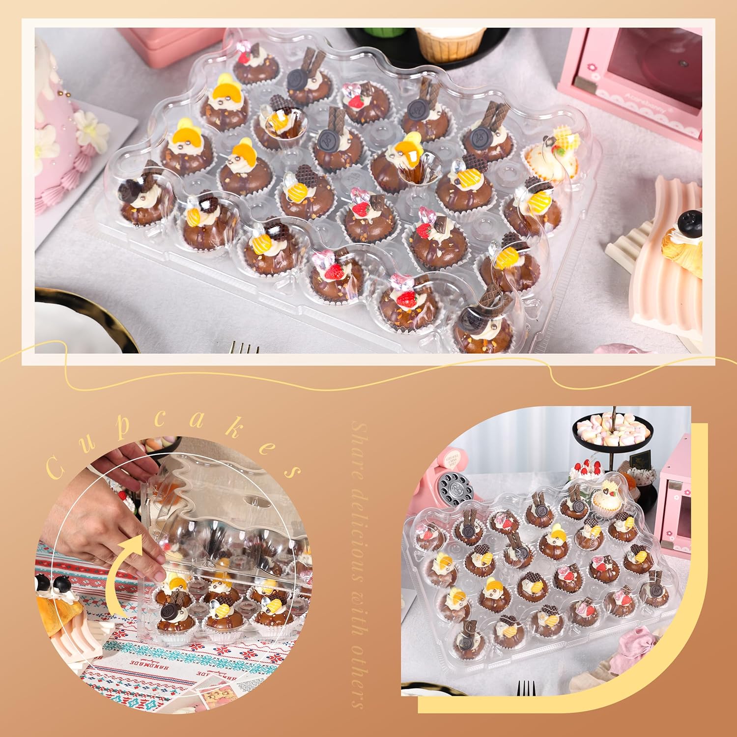 Mini 24 Count Cupcake Containers 15 Pack with 360 Pack Cupcakes Liners, Plastic Cupcake Holder, Stackable Mini Cupcake Boxes Carrier, Clear Disposable Cupcake Trays, High Dome