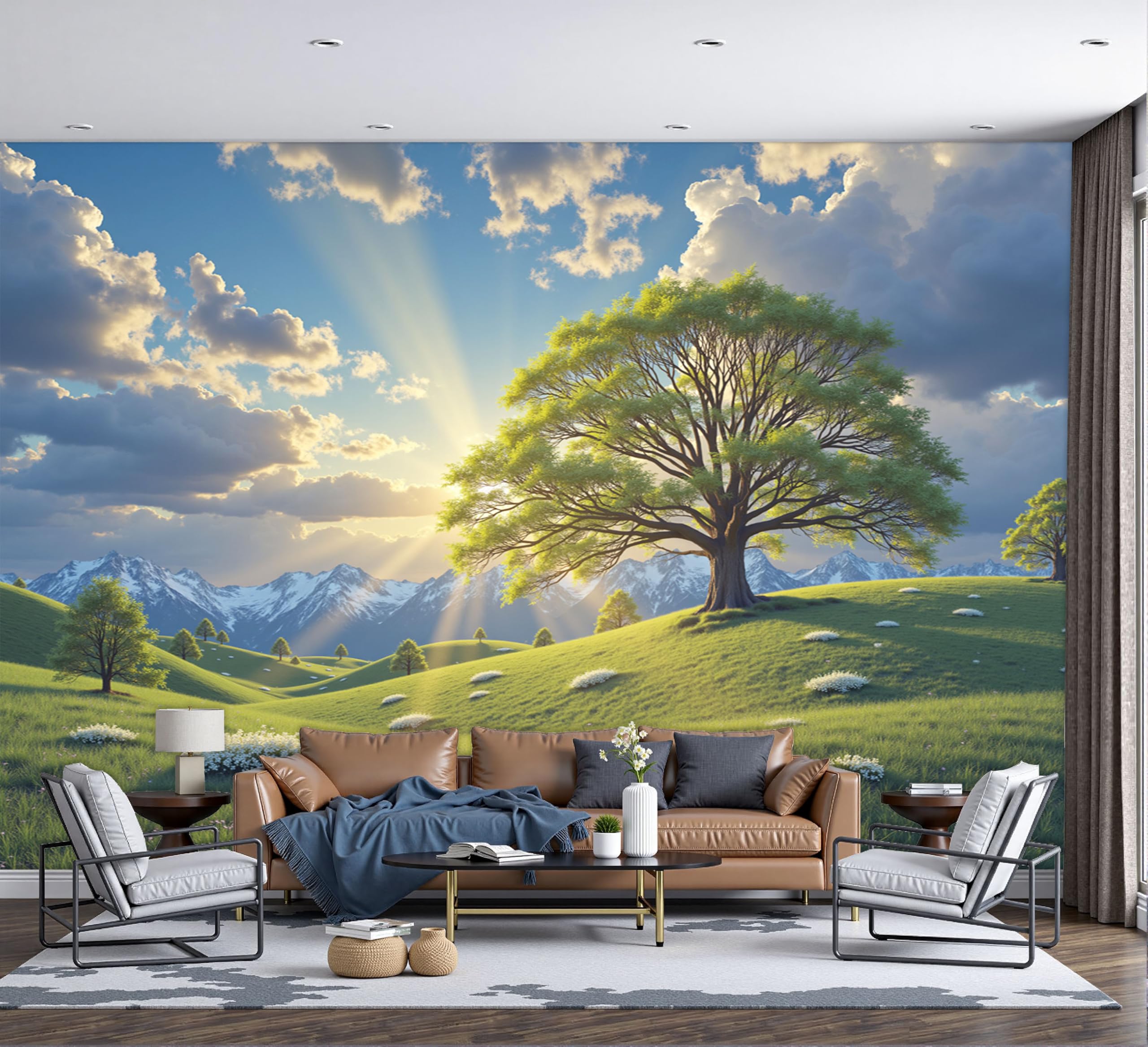 Papier Peint Panoramique Vert pour agrandir une pièce sombre motif arbres en 3D