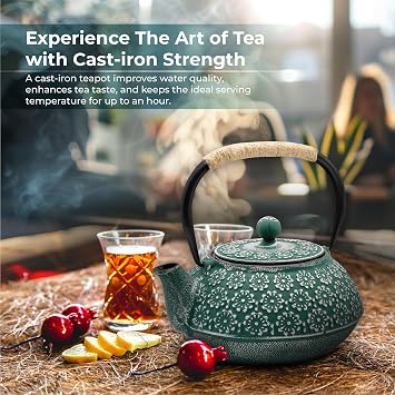 Zen Minded Traditional Japanese Cast Iron Tetsubin Stovetop Teakettle Teapot with Rope-Handle & Stainless-Steel Loose-Leaf Filter for Green Tea & Infusions 900ml - Emerald Green & Silver Blossom