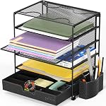 Simple Houseware 5-Tier Desktop Document Tray Organizer with Sliding Drawer and Pen Holder, Black