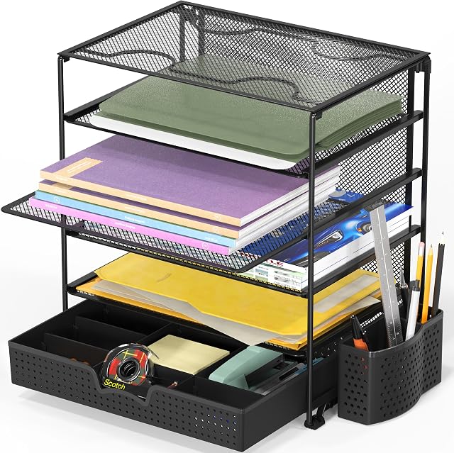 Simple Houseware 5-Tier Desktop Document Tray Organizer with Sliding Drawer and Pen Holder, Black