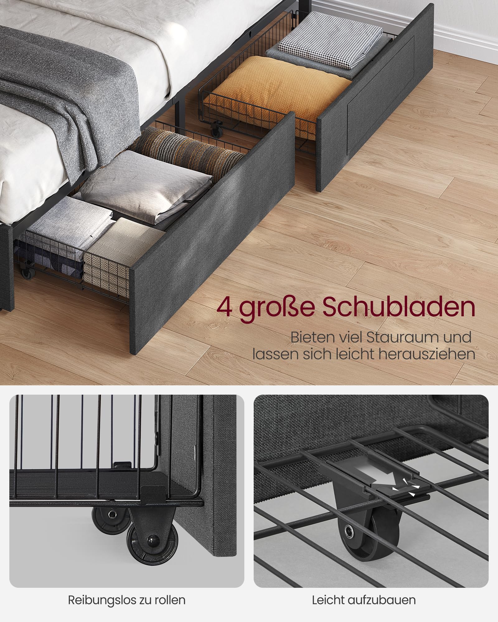 VASAGLE Doppelbettgestell, Bettgestell, 180 x 200 cm, LED, Metallbett, 4 Schubladen, Ladestation, verstellbares gepolstertes Kopfteil, dunkelgrau RMB825GN02