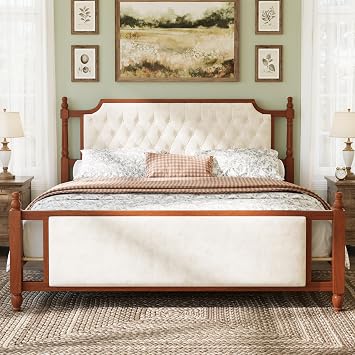 Merax King Size Upholstered Platform Bed with Button Tufted Headboard,Solid Wood Farmhouse Bed with Velvet Headboard and Footboard,No Box Spring Needed,Modern French Country Style for Bedroom,Brown