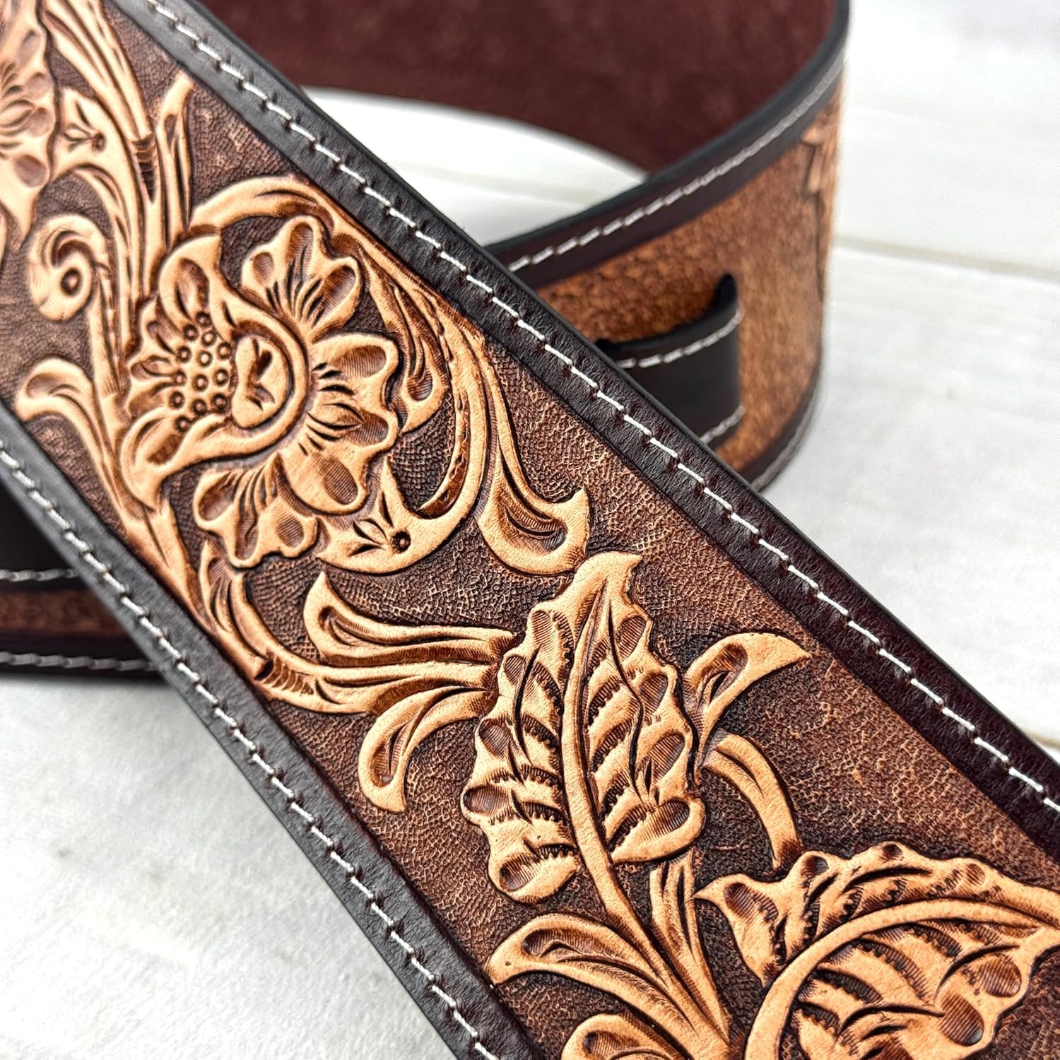 Walker & Williams LCT-17 100% Hand Tooled Premium Leather Strap with Traditional Sheridan Floral Pattern