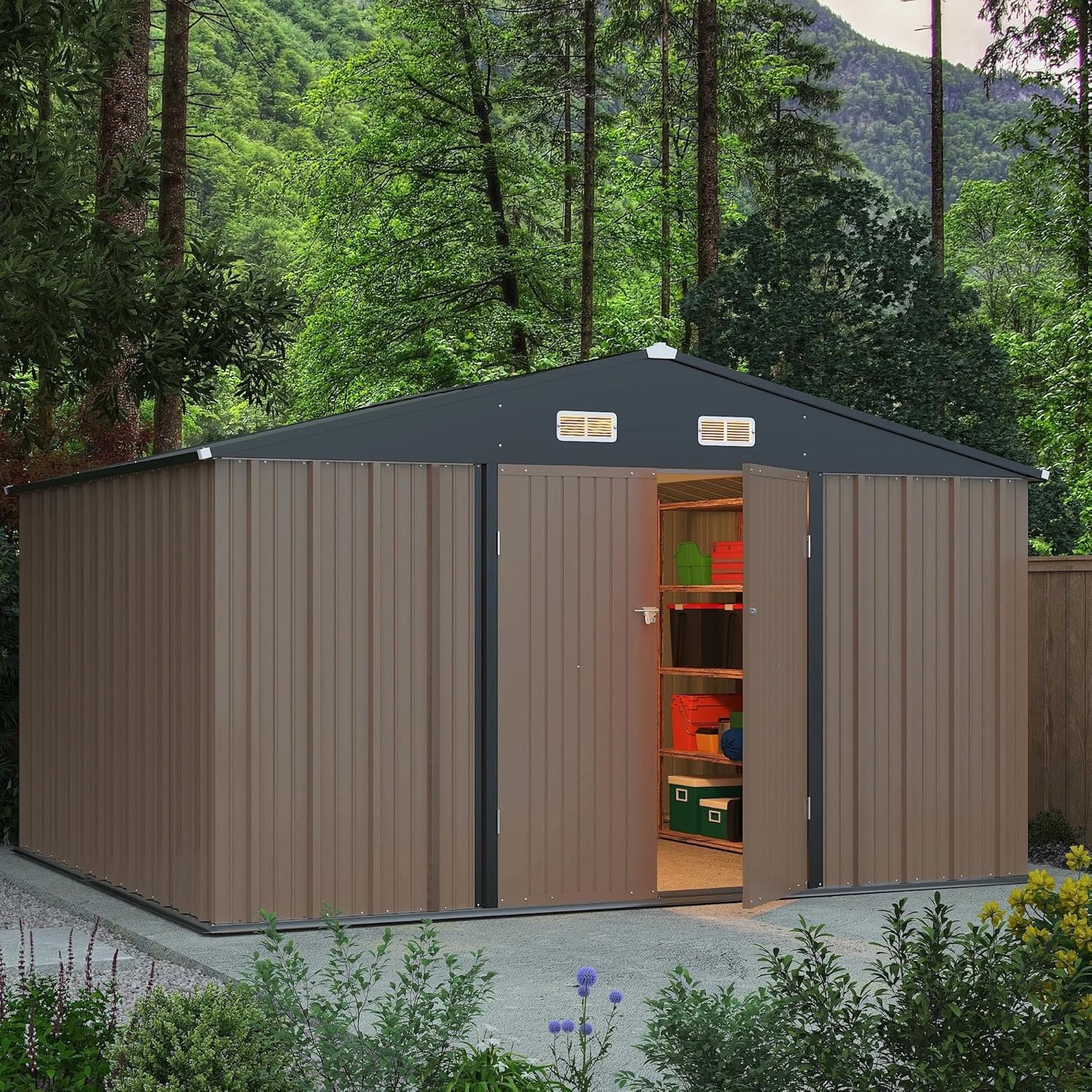 Greesum 6×4FT Outdoor Storage Shed, Metal Patio Storaged Sheds with Lockable Doors, Sheds  Outdoor Storage for Bike, Backyard, Pool and Garden, Brown