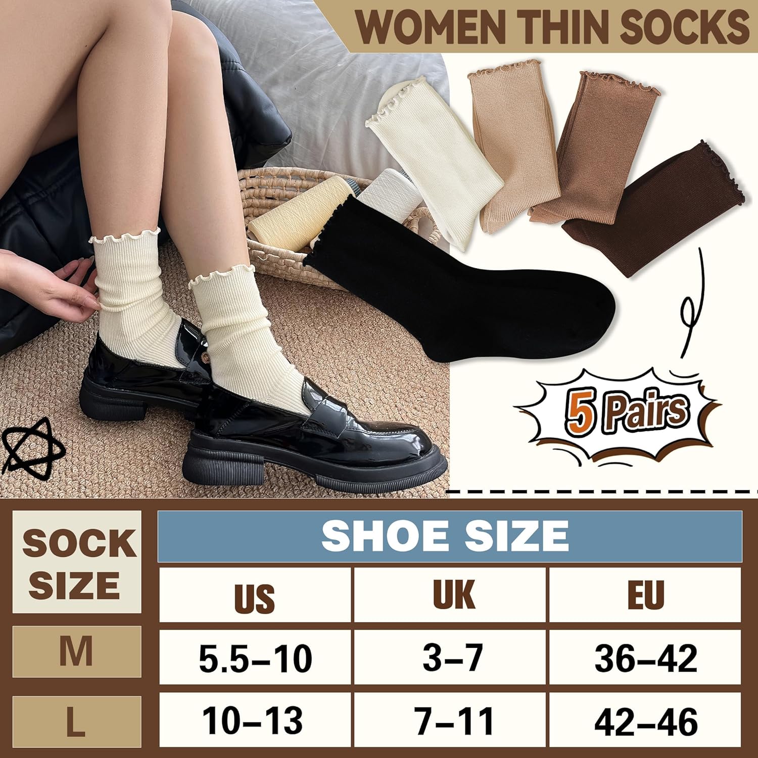 Thin Merino Wool Ruffle Boot Socks Warm Winter Cozy Frilly Soft Casual Breathable Socks for Womens 5 Pairs - Image 5