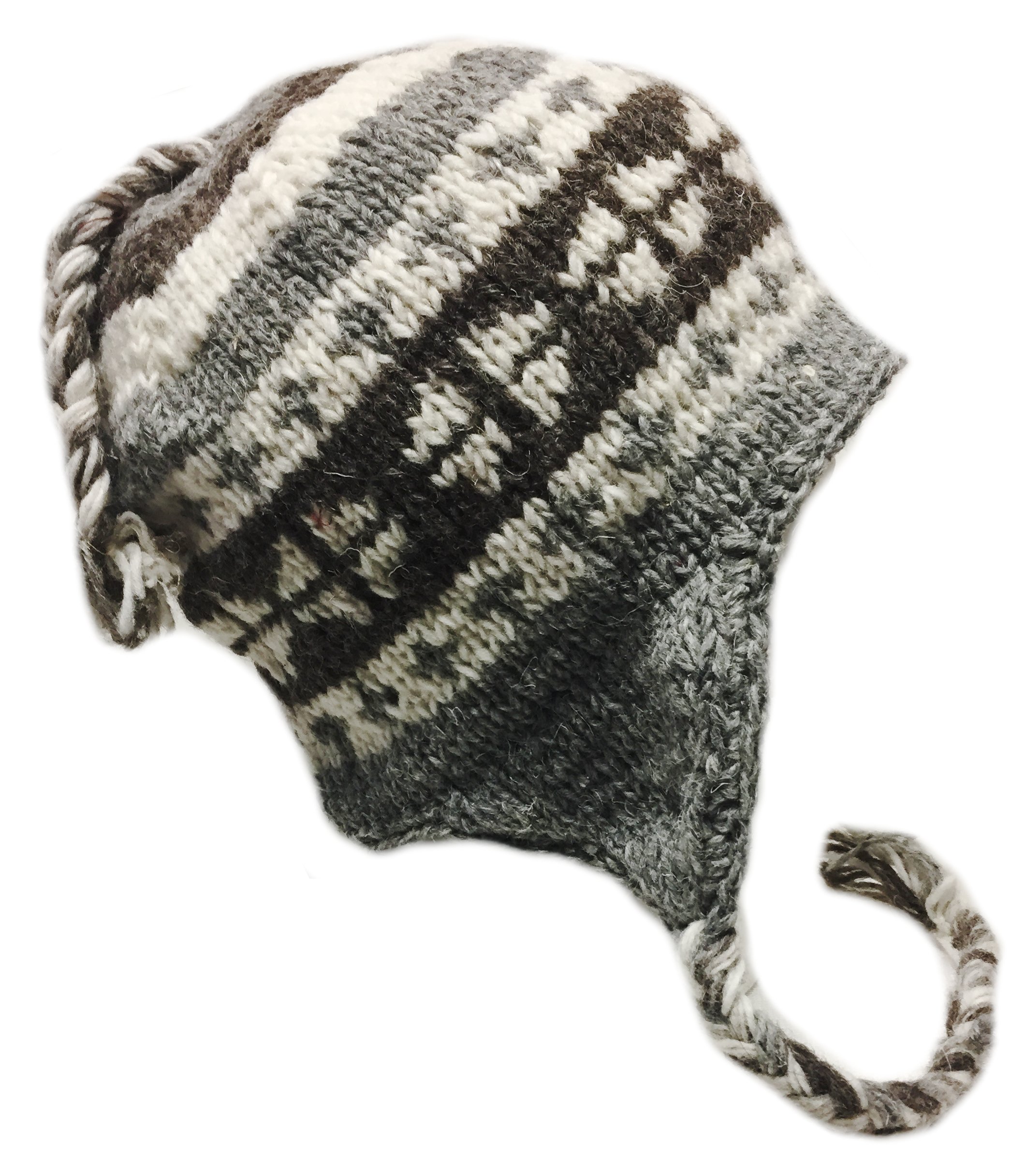 Nepal Hand Knit Sherpa Hat with Ear Flaps, Trapper Ski Heavy Wool Fleeced Lined Cap