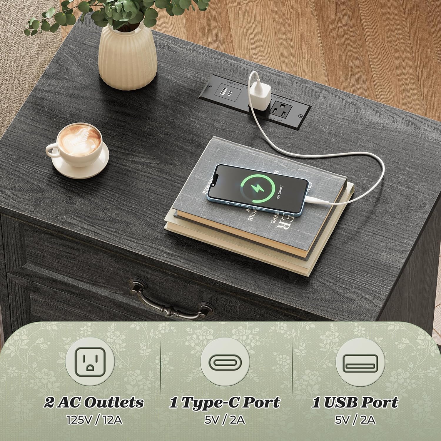 Huuger Nightstand with Charging Station, 3 Drawer Night Stand Set of 2, 22 Inch Wider Side Table with Storage, Farmhouse Nightstand with Vintage Handles, Thicken Base, for Bedroom, Black - Image 4