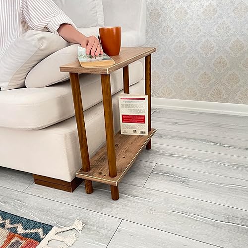 Miniatura 4 de Narrow Small Places - Mesa auxiliar moderna de mármol sintético para sofá sala de estar, mesa auxiliar minimalista delgada de 2 niveles con estante