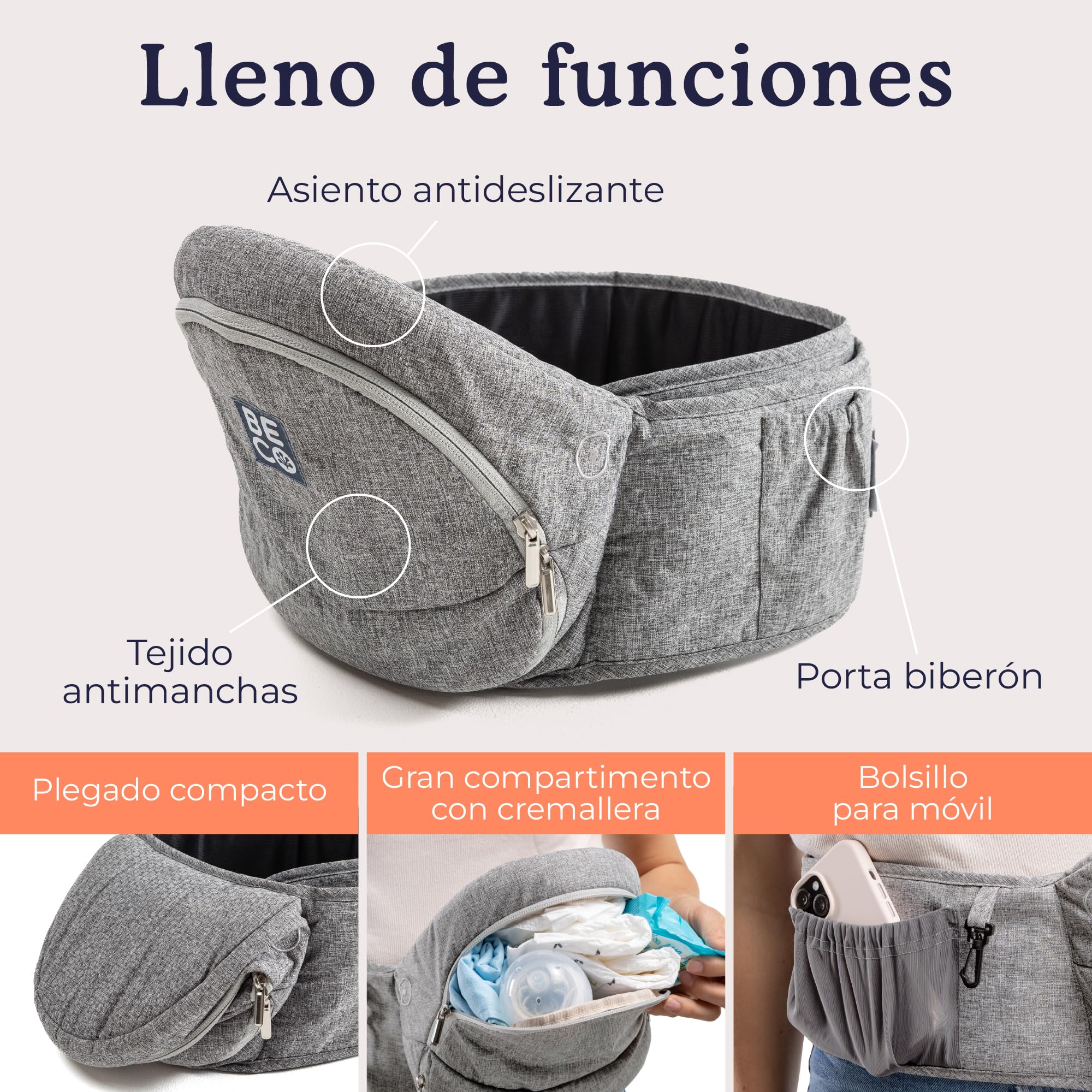 Beco Portabebés Asiento de Cadera Plegable, 4 en 1, 0-36 Meses, Gris | Se pliega plano en la bolsa de pañales, Asiento que alivia brazos y espalda, se adapta fácilmente de 0 a 36 meses.
