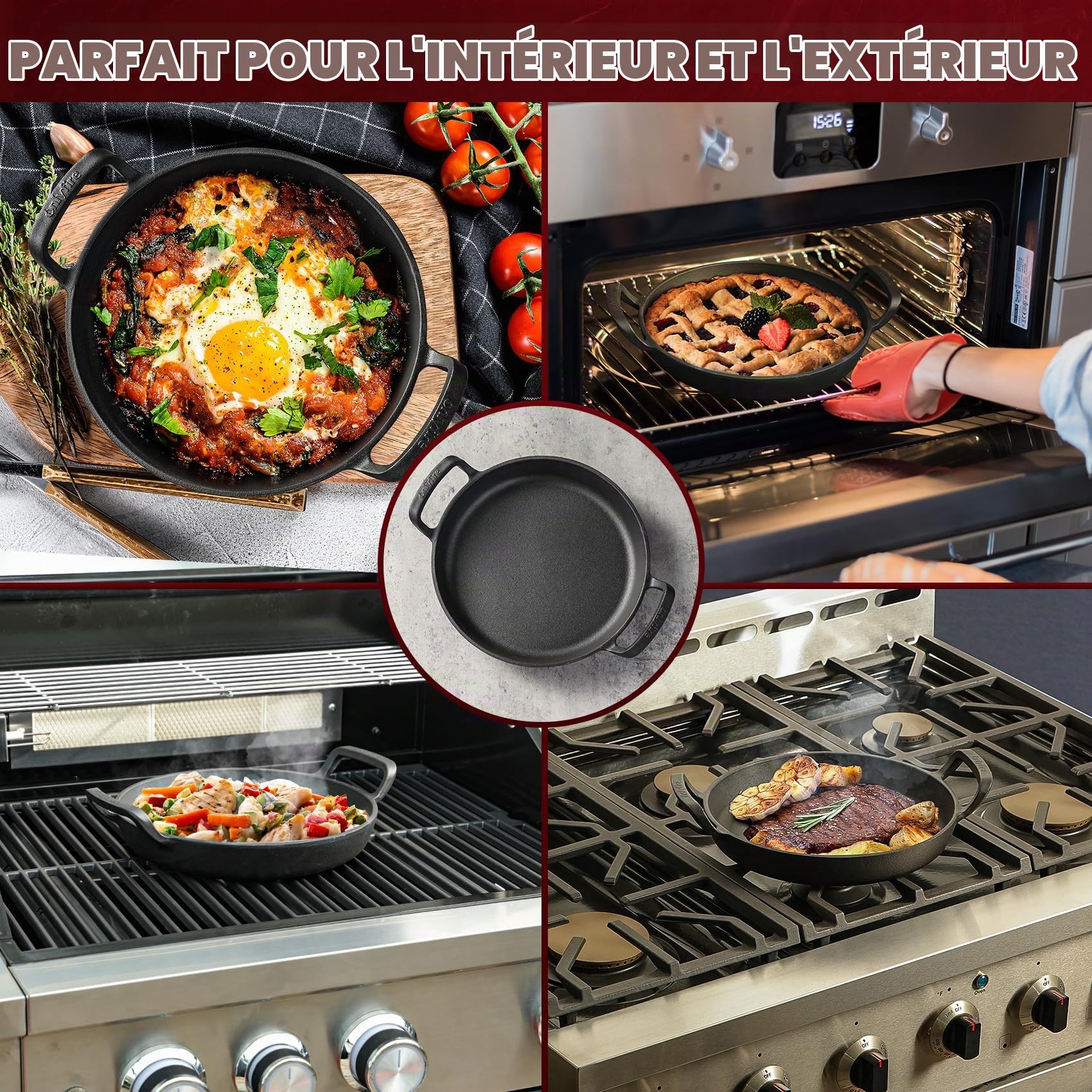 Onlyfire Poêles Gril en Fonte Ø 26.5 cm, Poêle à Griller avec Poignée, Accessoire de Barbeque pour Induction, Four, Barbecues à Gaz, Charbon et Électrique