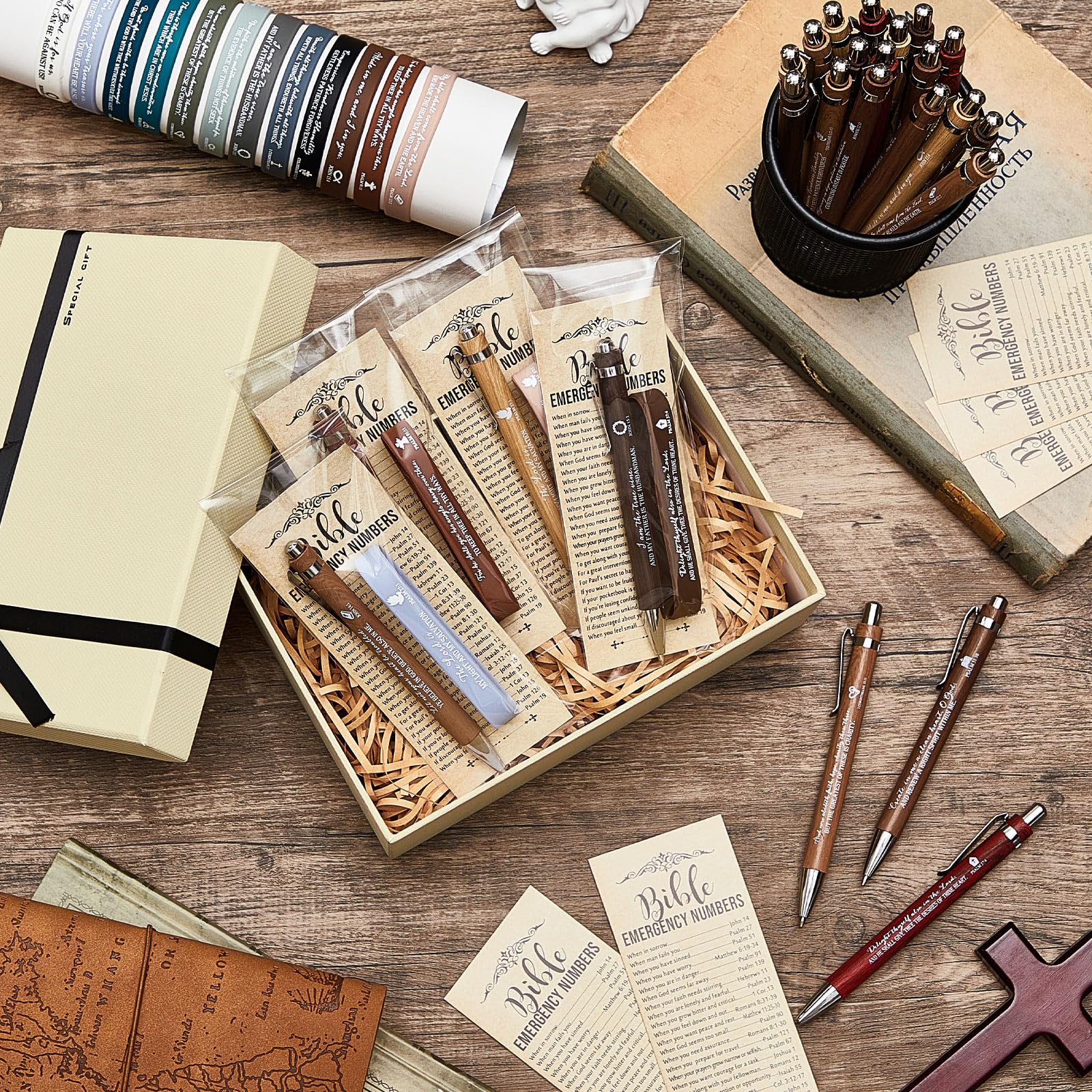 Feifeiya 50 Sets christliche Kirchengeschenke, Bibelvers, Bambusstift, religiöses Silikon-Armband, Notfallnummer, Lesezeichen, Bibelstudium, Geschenk für Frauen, Männer, Vatertag