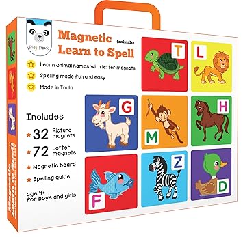 Play Panda Magnetic Learn to Spell : Animals with 32 Picture Magnets, 72 Letter Magnets, Magnetic Board and Spelling Guide - for Boys and Girls