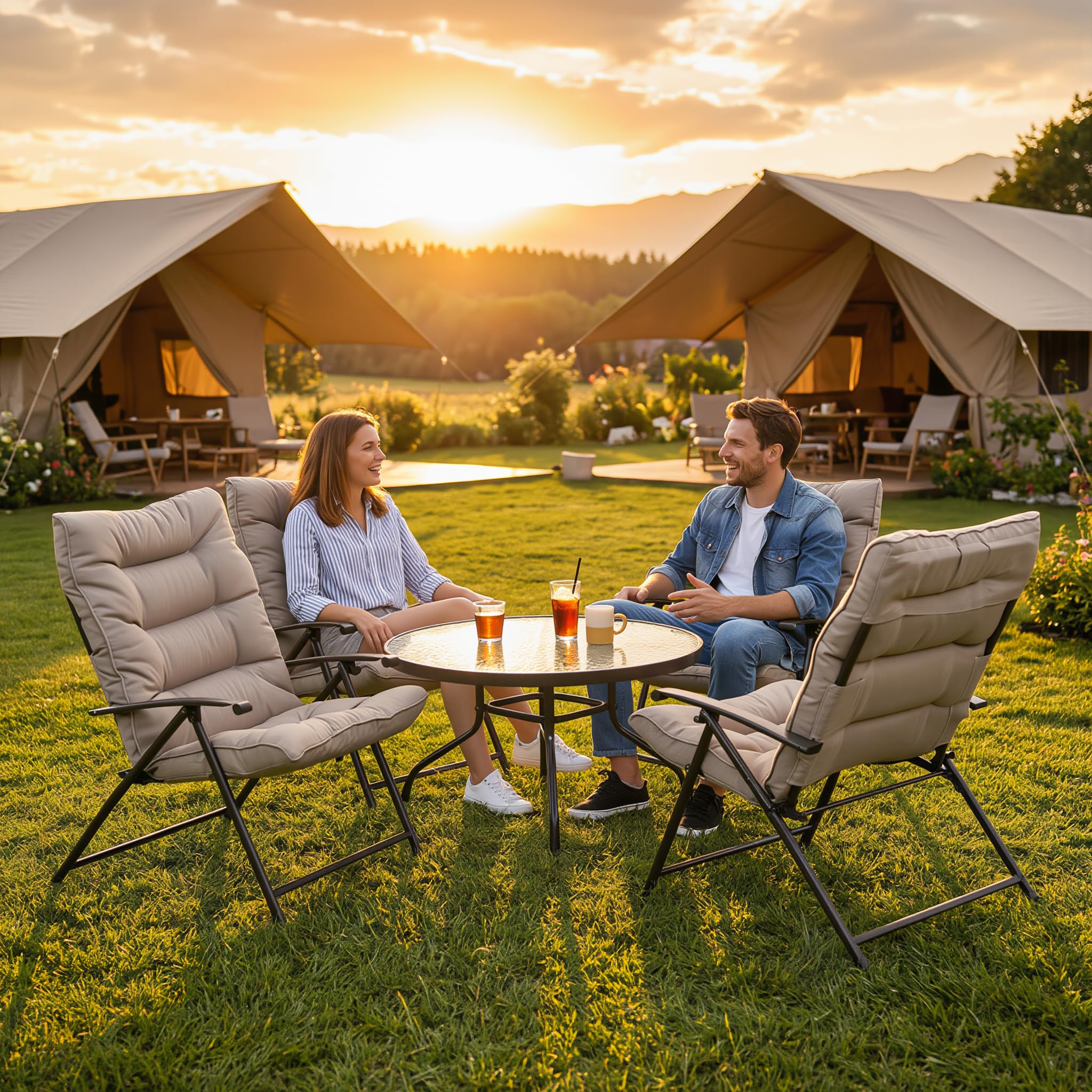 Set da Giardino Pieghevole 5 Pezzi SANTORINI – 4 Poltrone Reclinabili con Cuscini Beige + Tavolino Rotondo Ø86 cm Vetro Temperato – Schienale Regolabile 2 Posizioni – Arredo Giardino Salvaspazio