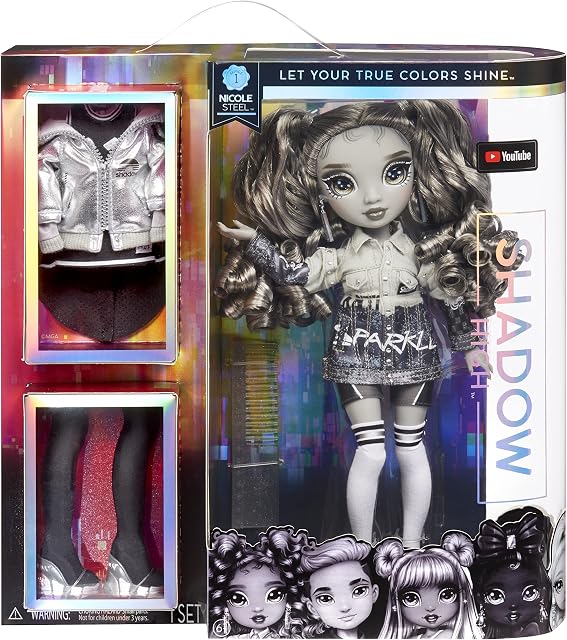 Rainbow High Shadow High Series - NICOLE STEEL - Greyscale Fashion Doll with Curly Hair, Two Designer Outfits, & Accessories - Collectable - For Kids Ages 6+