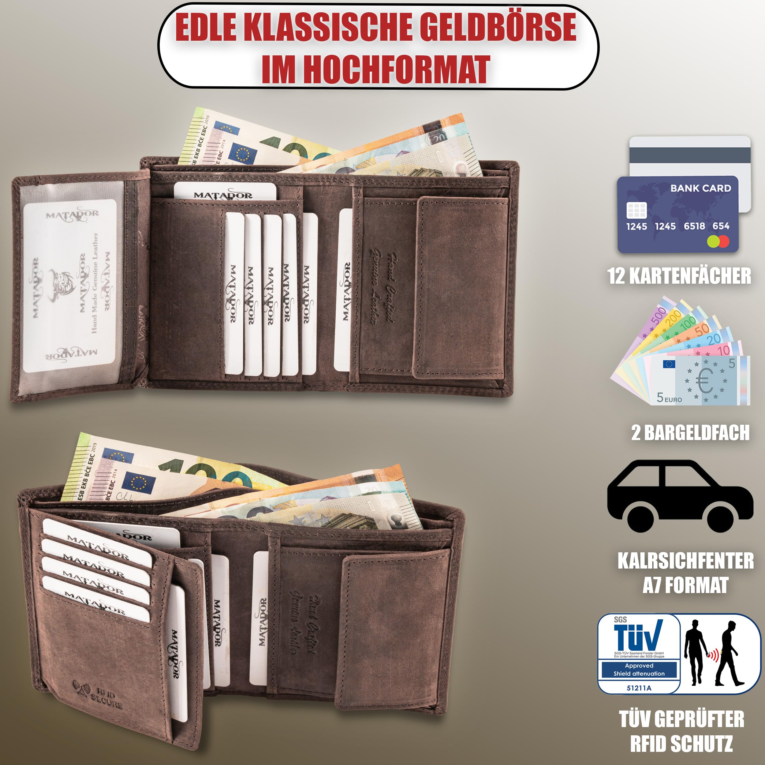 MATADOR Porte Monnaie Homme Cuir #Vigo avec élégante Boîte Cadeau, Luxe Porte Carte Homme RFID, Grand Portefeuille avec de Nombreux Compartiments à Cartes en Marron Foncé