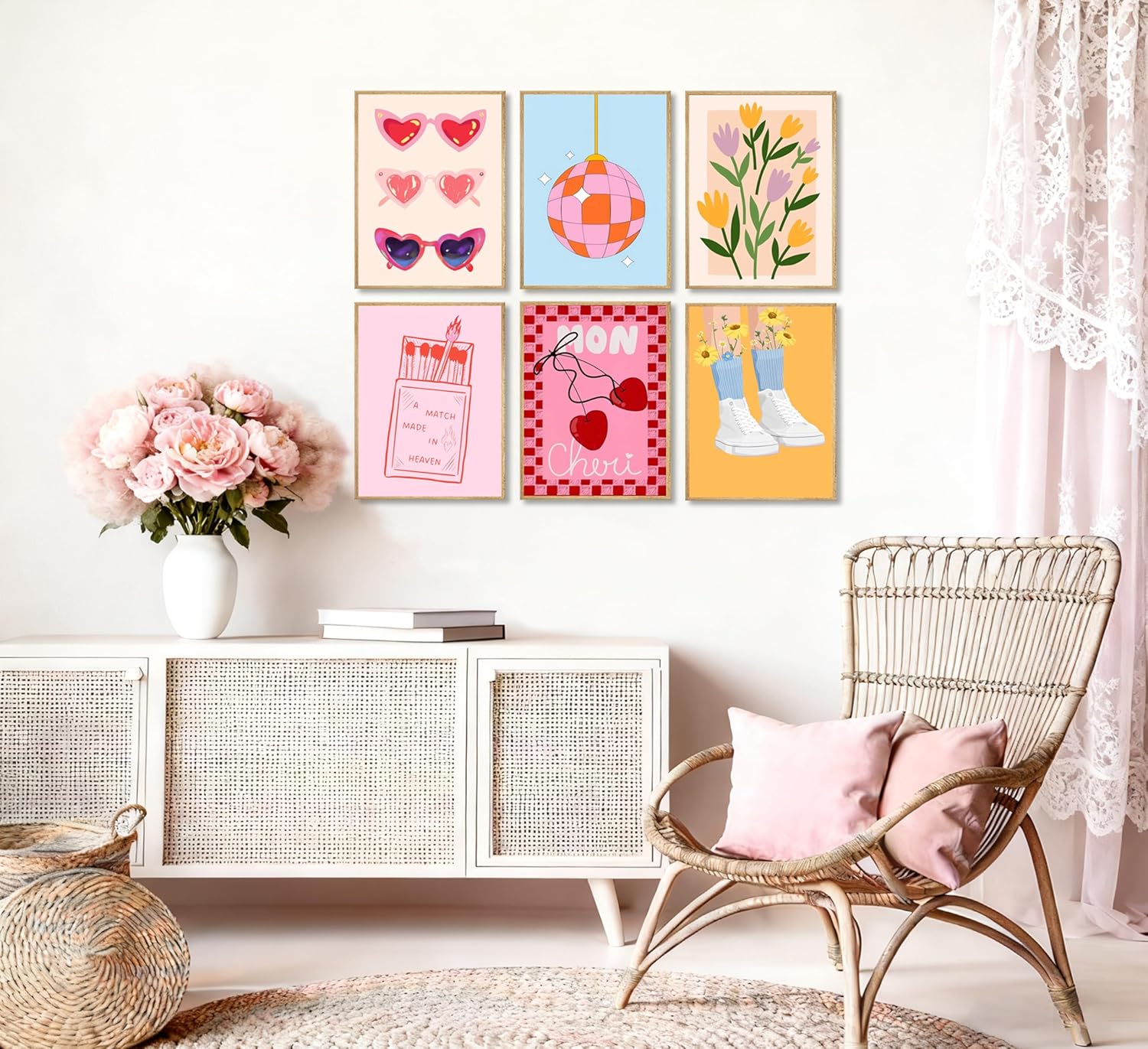 6Pcs Pink Preppy Poster Wall Art Room Aesthetic Painting Picture Wall Decor Matchboxes Disco balls Sunflowers Canvas Print Artwork for Girls Dorm Bedroom living room Home Decoration Unframed