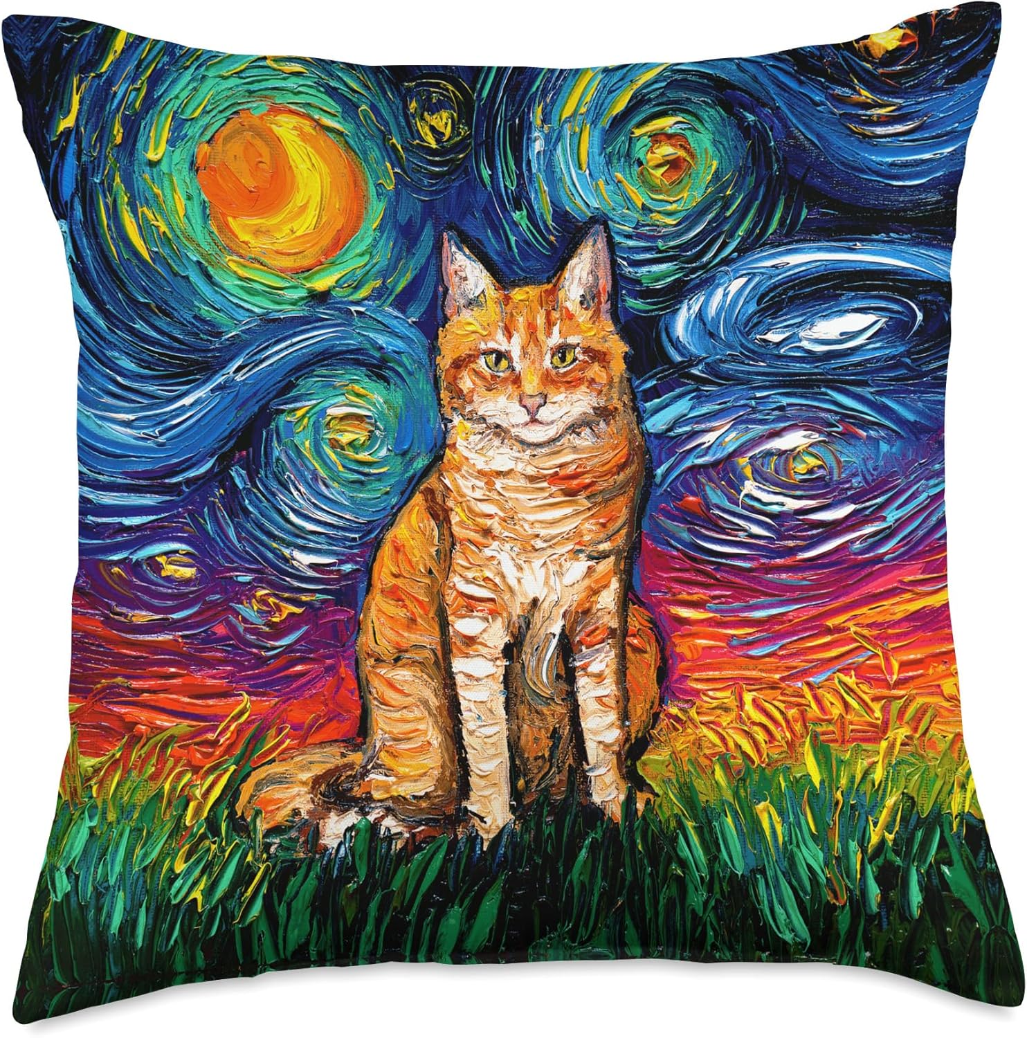 Orange Tabby Tiger Cat Starry Night Colorful Kitty Artwork Throw Pillow