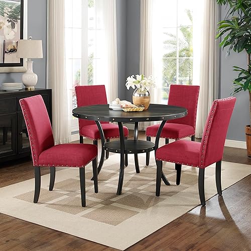 Miniatura 6 de Roundhill Furniture Biony - Sillas de comedor de tela con ribete de clavos, juego de 2, color rojo