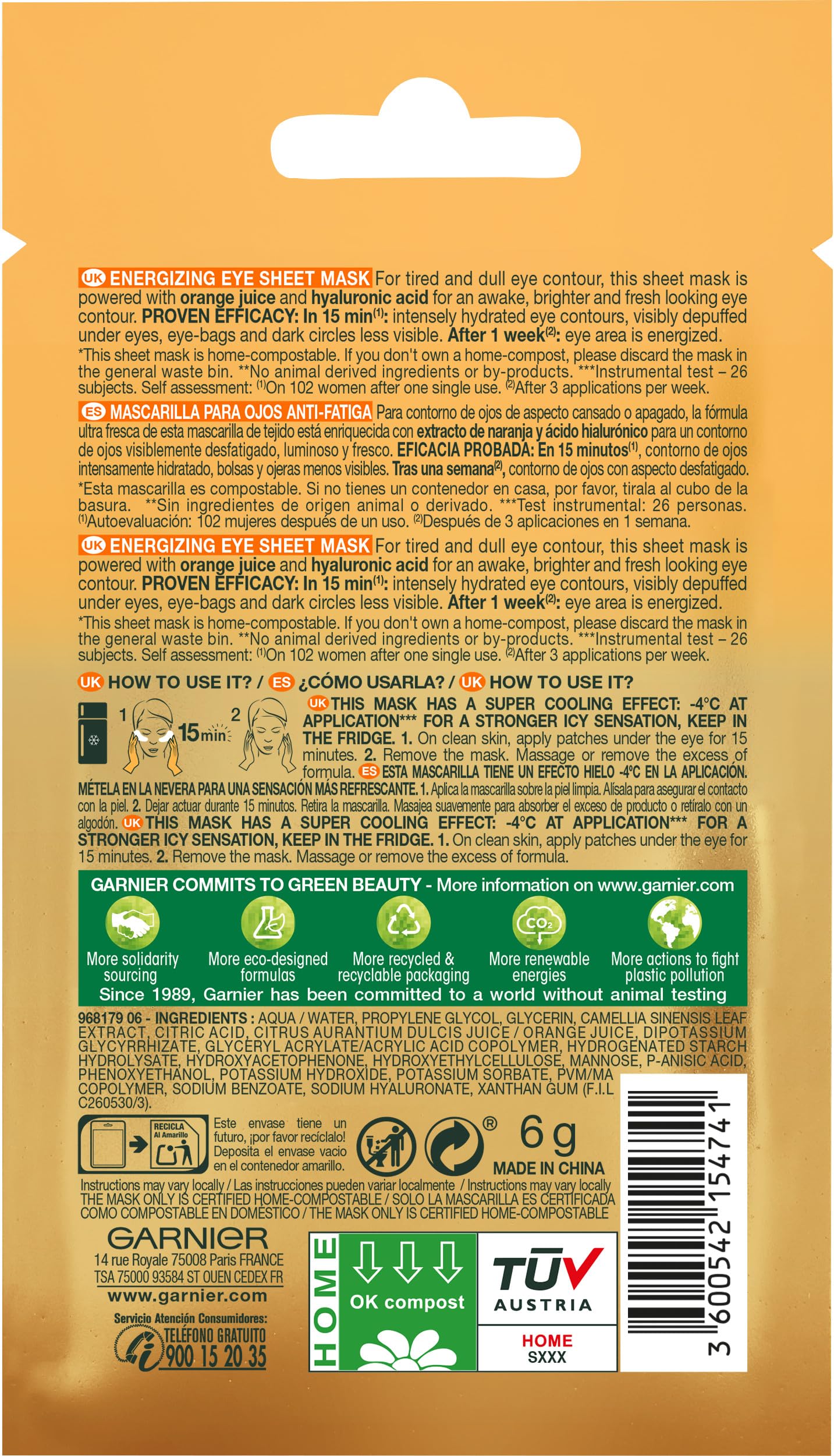 Garnier Skincare Maschera Occhi Anti Fatica con Succo d'Arancia e Acido Ialuronico, 6 g