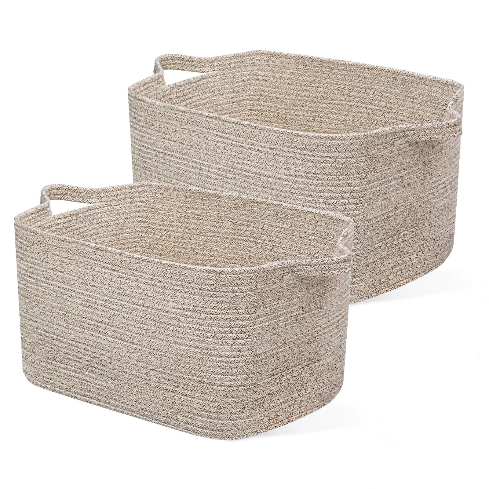 JOJOSEE Large Storage Basket, Blanket Basket for Clothes Bedding, Woven Storage Baskets, Toy Storage for Kids, Rope Basket for Living Room, Nursery, Bedroom 55x38x30 cm (Heathered Brown, 2 Pack)
