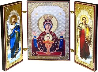 Needzo Virgin Mary and Christ Russian Icon Chalice Bowl Inexhaustible Cup Triptych With Archangels Saint Gabriel and Michael 3 3/8 Inch, Religious Gift