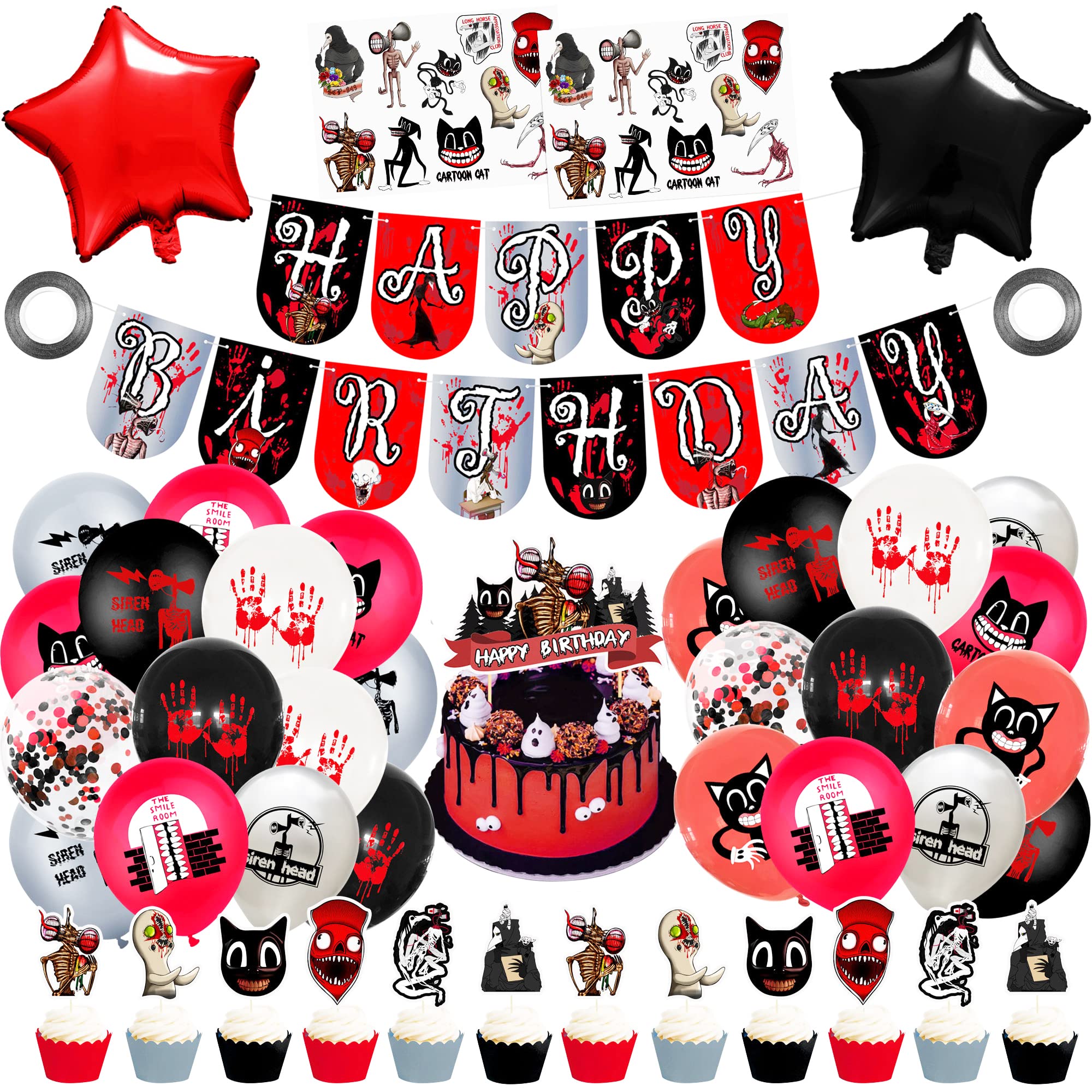 Siren Head Birthday Decorations Kit, Horror Halloween Party Supplies Include Happy Birthday Banner, Latex Balloons, Cake Topper, Tattoo Stickers, Ribbons