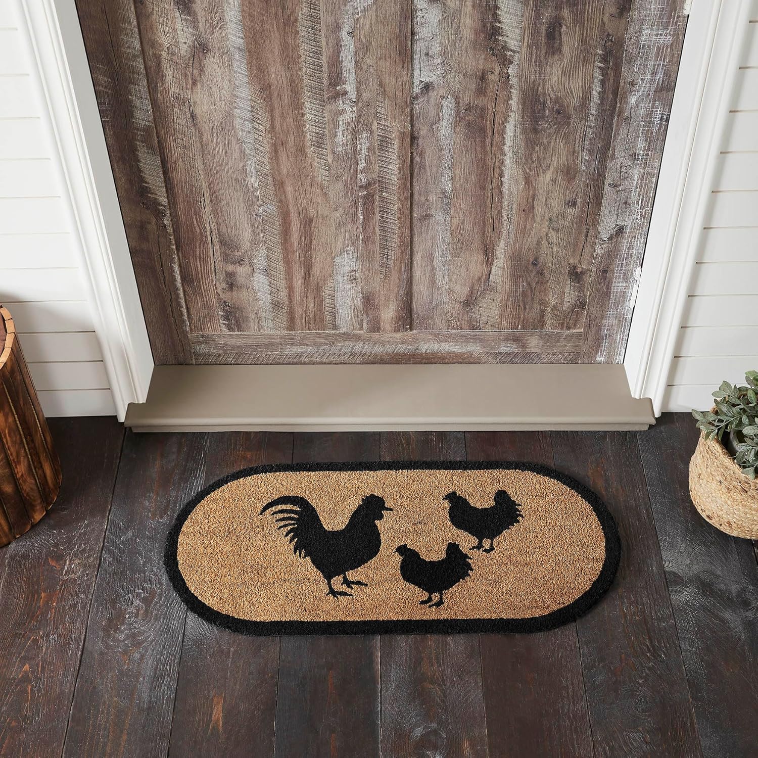 VHC Brands Coir Welcome Door Mat, Entry Rug, with PVC Backing, for Indoor Outdoor Use, Down Home Collection, Oval 17x36 Doormat, Rooster and Hens, Natural