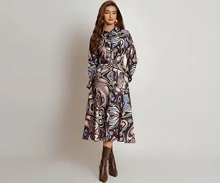 Gufrina Women’s Abstract Print Shirt Dress in Brown and Pastel Blue with Long Sleeves, Belted Waist and Button-Down Front ...