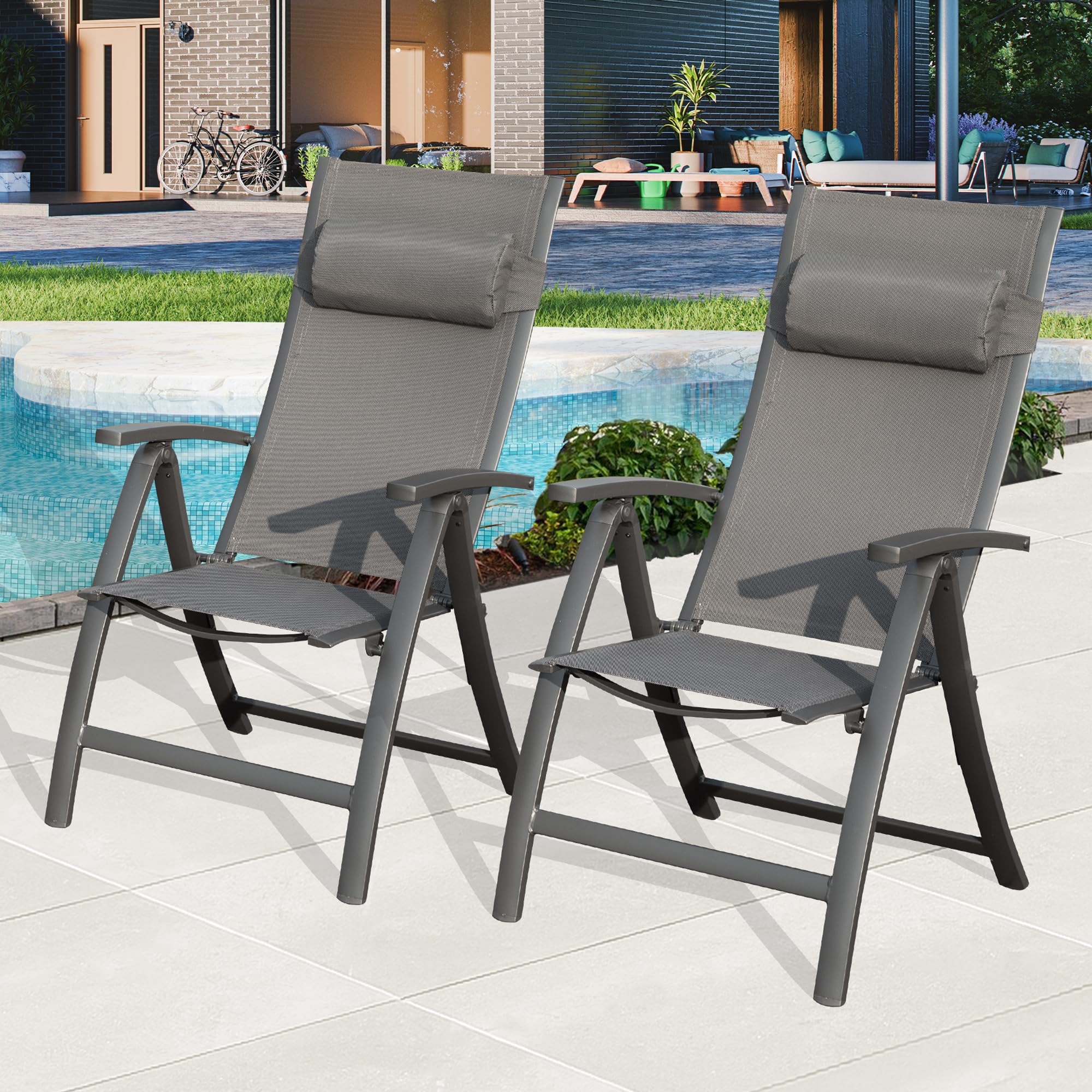 Domi Patio Folding Chairs Set of 2, Outdoor Reclining Chairs Set with Moveable Headrest, Aluminum Frame Outdoor Patio Portable Chairs with Adjustable