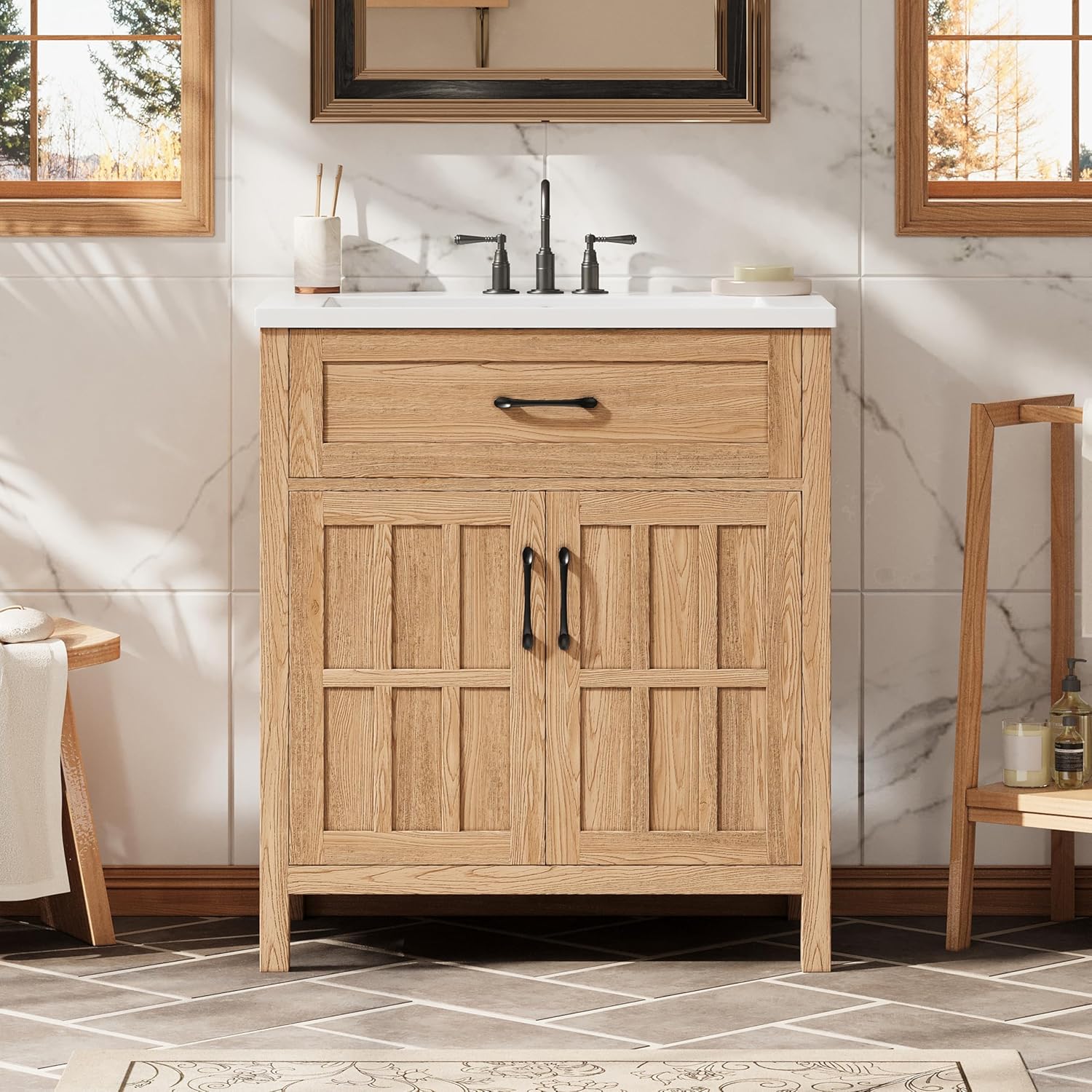 30 Inch Modern Bathroom Vanity with Sink, Free Standing Bathroom Sink Cabinet with Adjustable Shelf & Cabinet Door Organizers for Bathroom, Natural Wood Grain