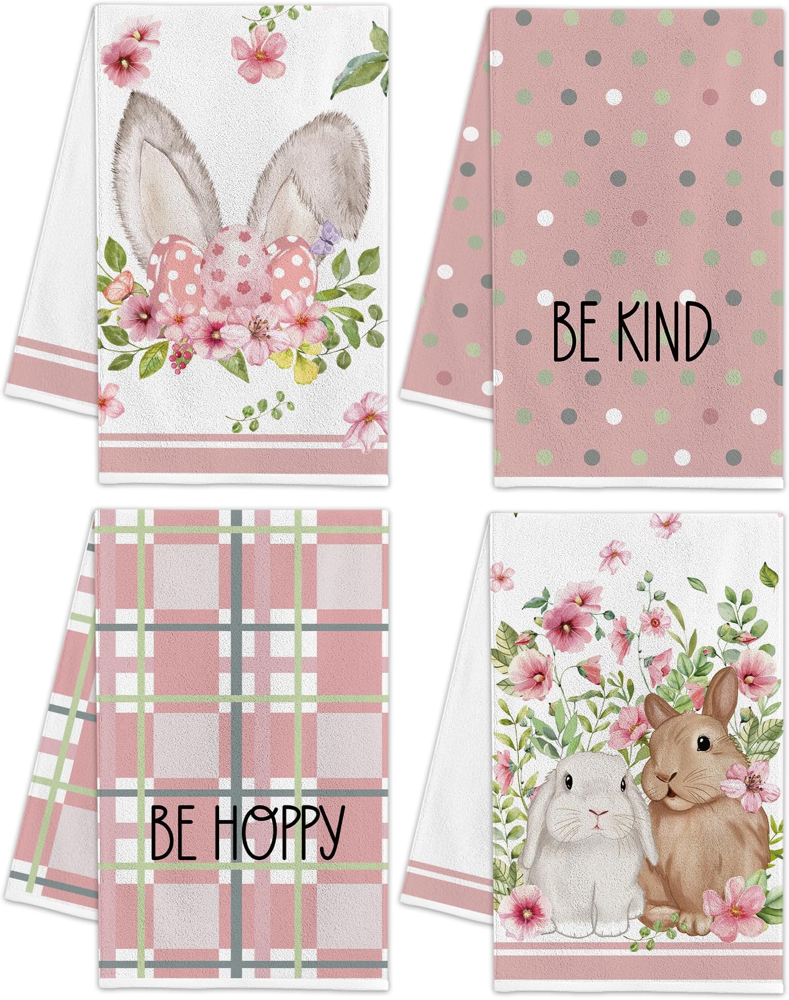 Easter Bunny Kitchen Towels, Pink Be Hoppy Easter Rabbits Dish Towels Set of 4 Kitchen Decor, 16x24 Inch Holiday Seasonal Spring Decorations