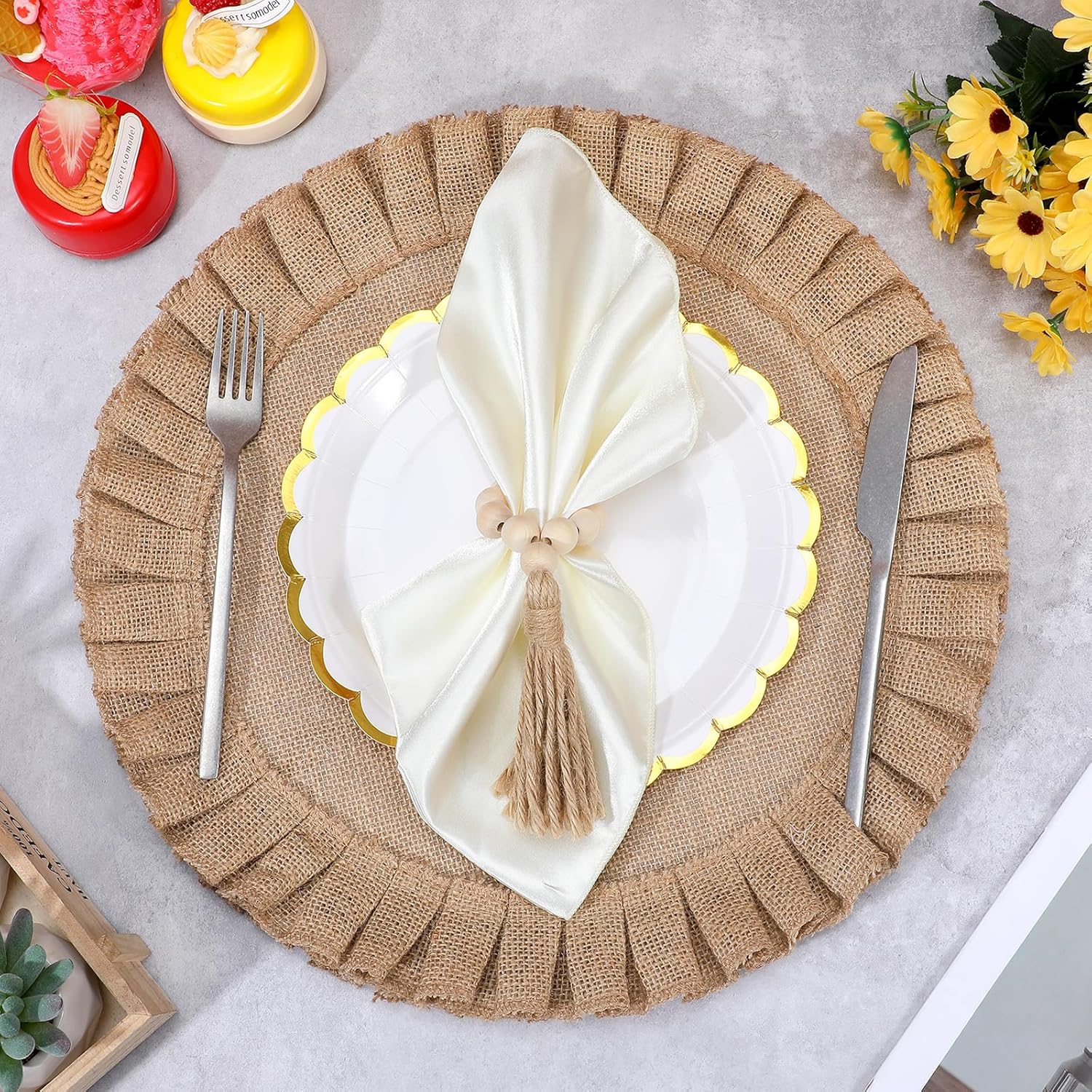 18 Pack Round Burlap Placemats Wood Bead Napkin Rings with Dinner Napkins Cloth, Jute Heat Resistant Placemats Boho Wooden Rings for Plates Wedding Dining Table